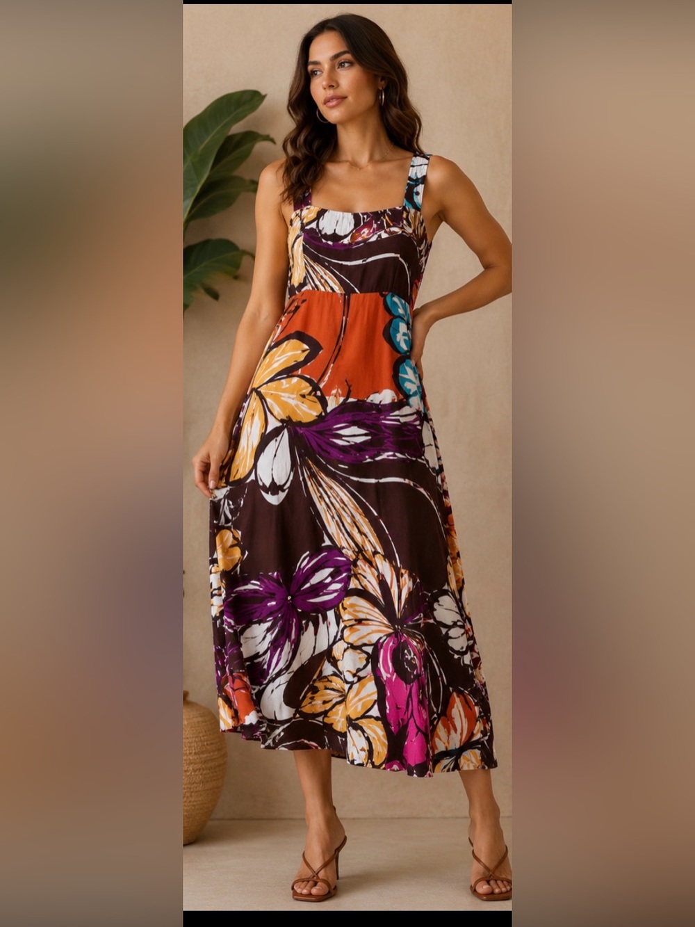1.STATE Abstract Floral Midi Dress Smocked Back Sleeveless Size M